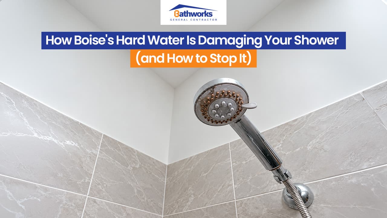Bathworks graphic about Boise hard-water shower damage, featuring a close-up showerhead