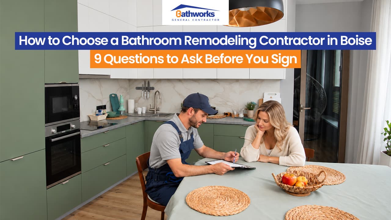 Bathworks graphic about choosing a bathroom remodeling contractor, showing a contractor consultation