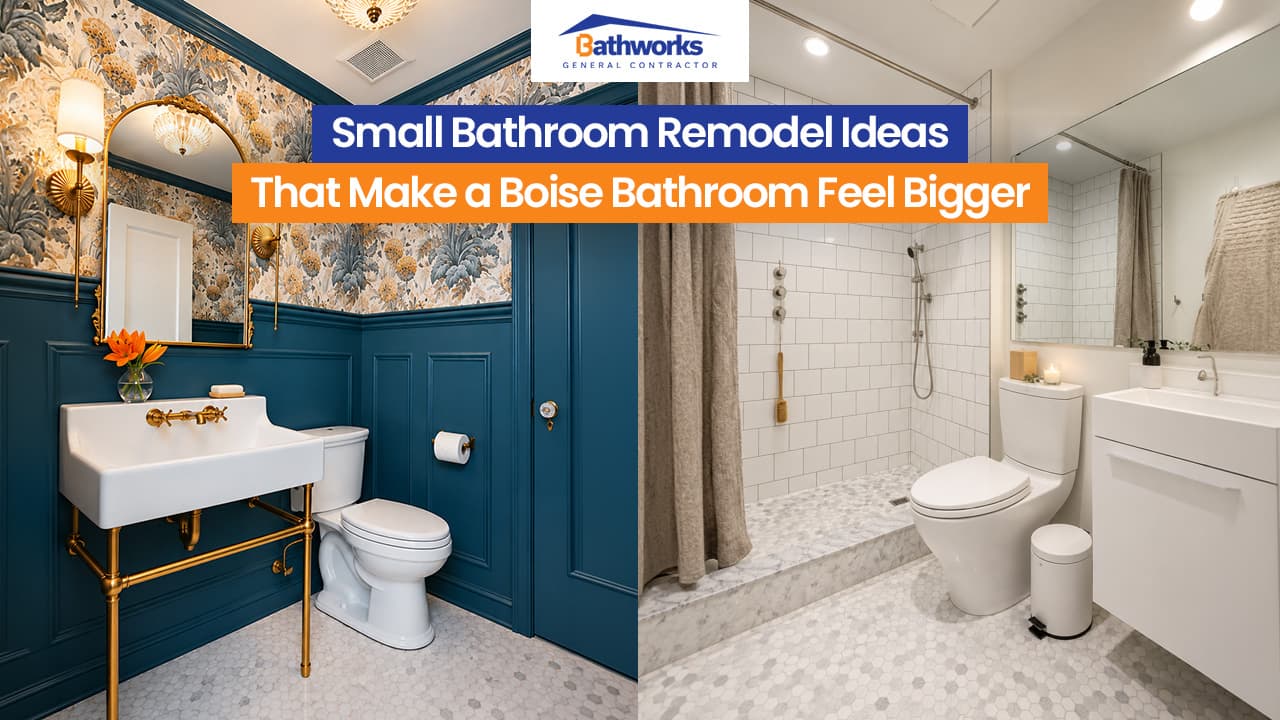 Bathworks graphic for small bathroom remodel ideas, showing decorative and light bathroom designs